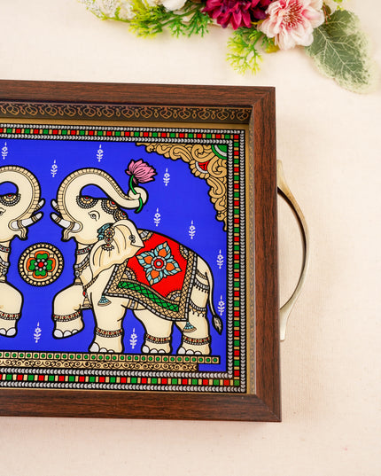 Tanjore Style Reverse Glass Painting Tray - Twin Elephant - 14x8 inch - WL5991-4