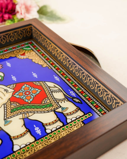 Tanjore Style Reverse Glass Painting Tray - Twin Elephant - 14x8 inch - WL5991-4
