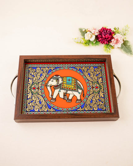 Tanjore Style Reverse Glass Painting Tray - Elephant - 14x8 inch - WL5991-5