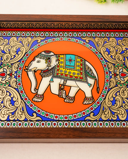 Tanjore Style Reverse Glass Painting Tray - Elephant - 14x8 inch - WL5991-5