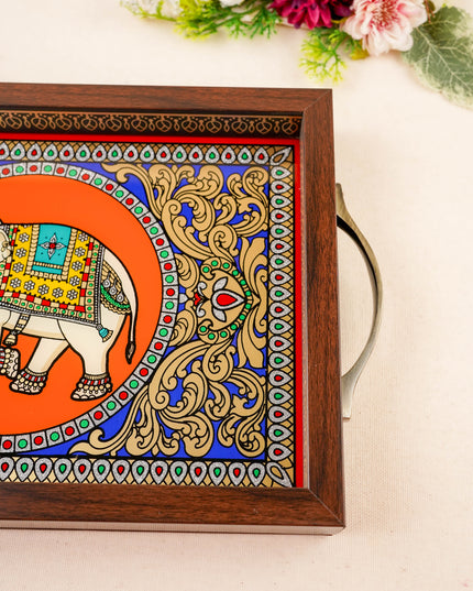 Tanjore Style Reverse Glass Painting Tray - Elephant - 14x8 inch - WL5991-5