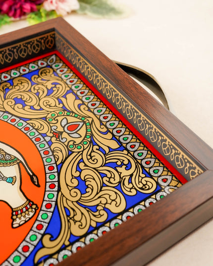 Tanjore Style Reverse Glass Painting Tray - Elephant - 14x8 inch - WL5991-5