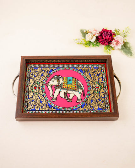 Tanjore Style Reverse Glass Painting Tray - Elephant - 14x8 inch - WL5991-6