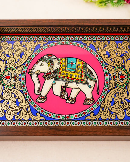 Tanjore Style Reverse Glass Painting Tray - Elephant - 14x8 inch - WL5991-6