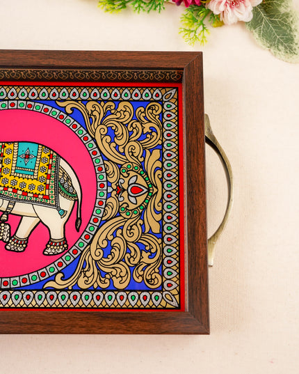 Tanjore Style Reverse Glass Painting Tray - Elephant - 14x8 inch - WL5991-6