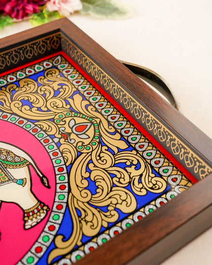 Tanjore Style Reverse Glass Painting Tray - Elephant - 14x8 inch - WL5991-6