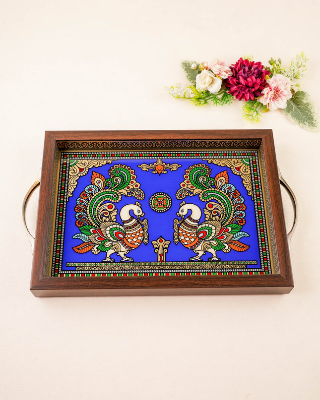 Tanjore Style Reverse Glass Painting Tray - Twin Annapakshi - 14x8 inch - WL5991-7