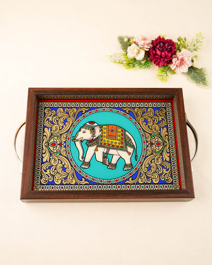 Tanjore Style Reverse Glass Painting Tray - Elephant - 14x8 inch - WL5991-8