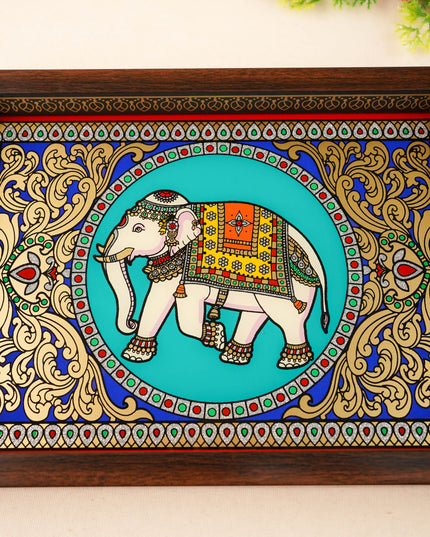 Tanjore Style Reverse Glass Painting Tray - Elephant - 14x8 inch - WL5991-8