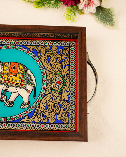 Tanjore Style Reverse Glass Painting Tray - Elephant - 14x8 inch - WL5991-8