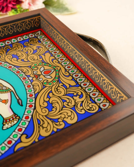 Tanjore Style Reverse Glass Painting Tray - Elephant - 14x8 inch - WL5991-8