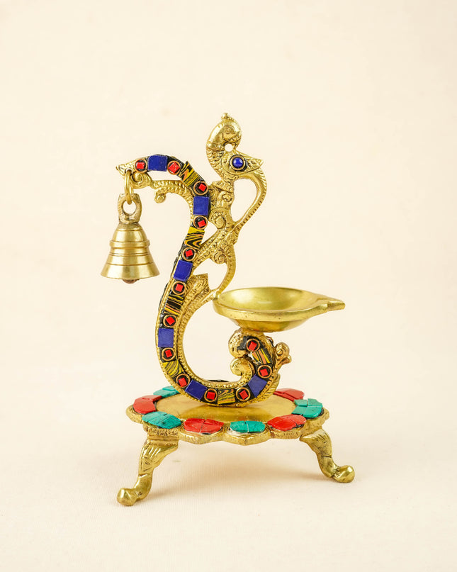 Brass Parrot Diya with Chowki & Stone Work - Blue - WL6018