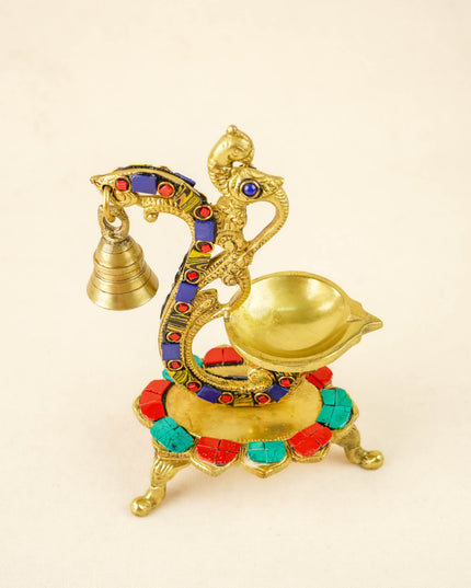 Brass Parrot Diya with Chowki & Stone Work - Blue - WL6018