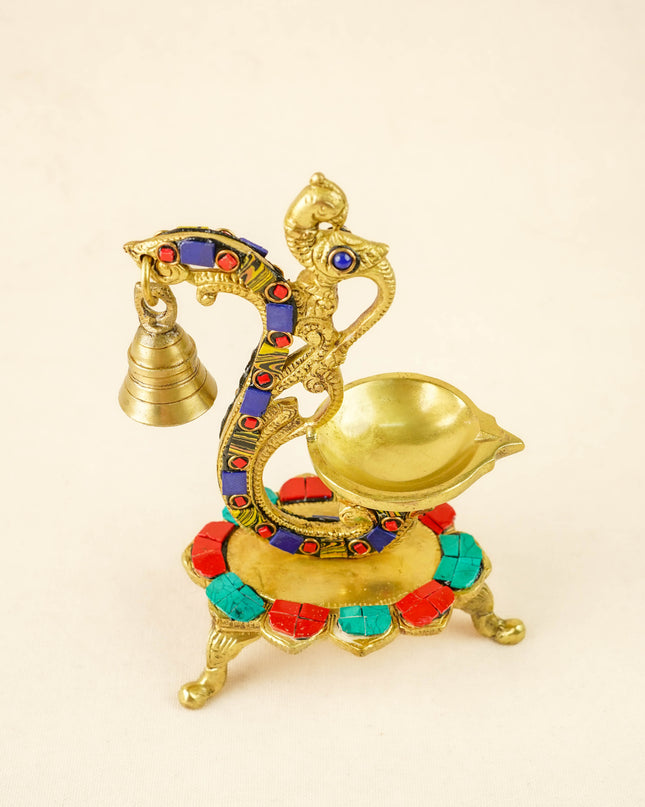 Brass Parrot Diya with Chowki & Stone Work - Blue - WL6018