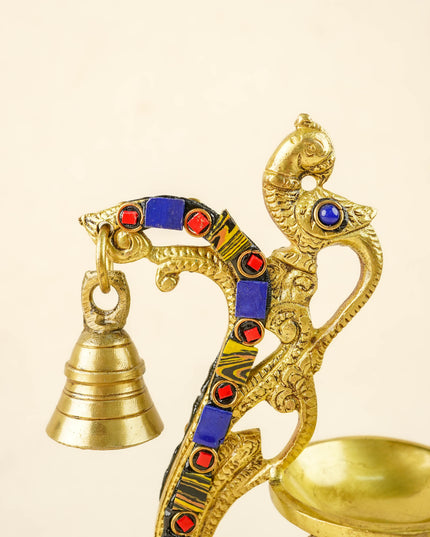 Brass Parrot Diya with Chowki & Stone Work - Blue - WL6018