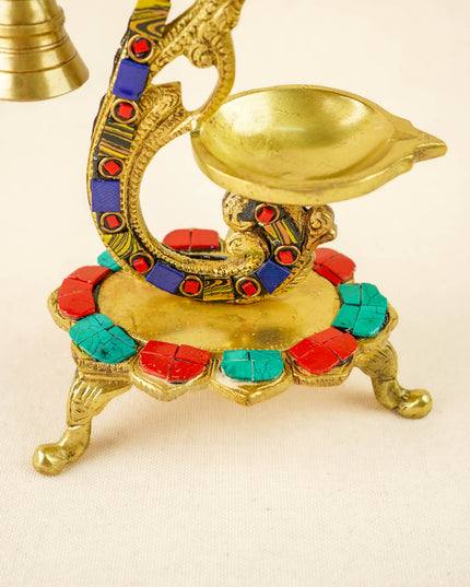 Brass Parrot Diya with Chowki & Stone Work - Blue - WL6018