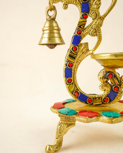 Brass Parrot Diya with Chowki & Stone Work - Blue - WL6018
