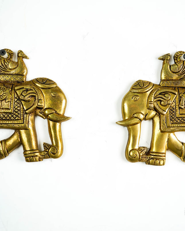 Brass Elephant with Shankh Chakra - 6 inch - Set of 2 - WL6034