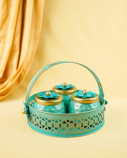 Metal 3 Jar with Basket - Blue - WL6051-2