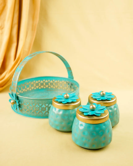 Metal 3 Jar with Basket - Blue - WL6051-2