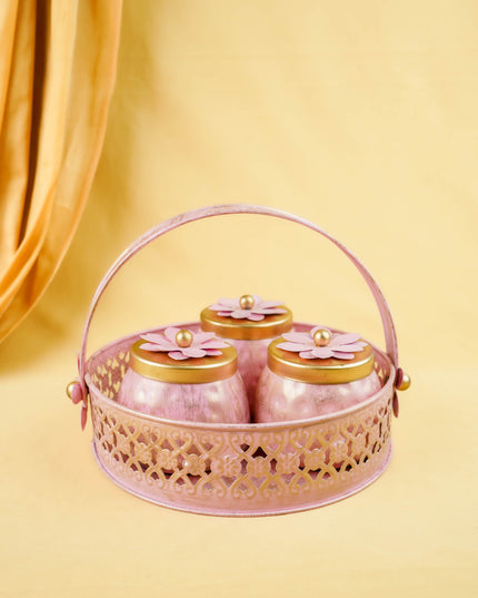 Metal 3 Jar with Basket - Pink - WL6051-3