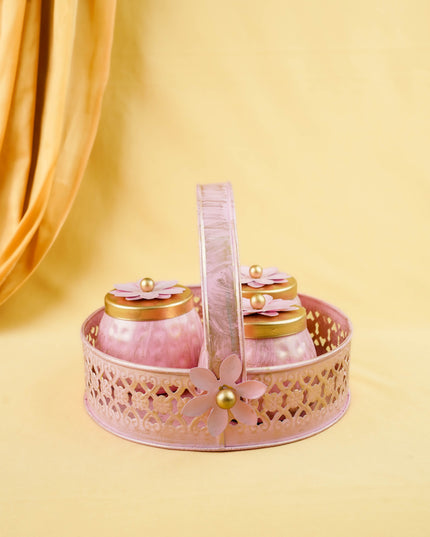 Metal 3 Jar with Basket - Pink - WL6051-3