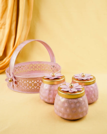 Metal 3 Jar with Basket - Pink - WL6051-3