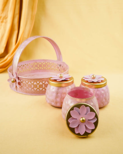 Metal 3 Jar with Basket - Pink - WL6051-3