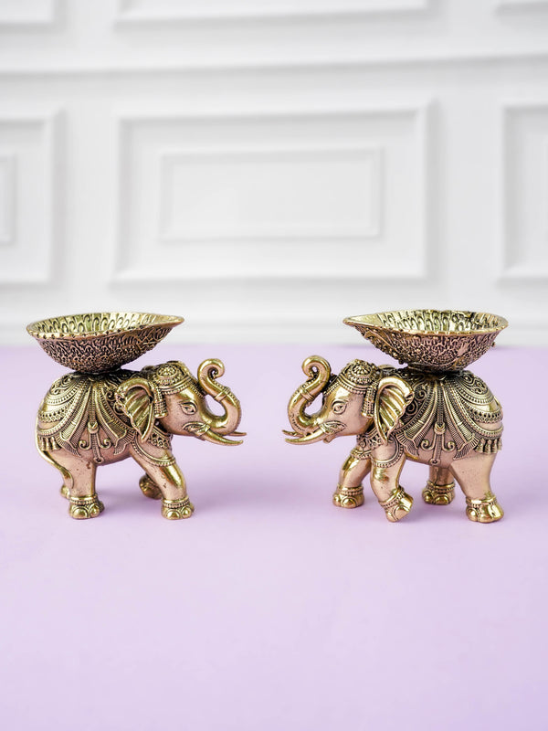 Brass Elephant with Diya - Set of 2 - WL6067