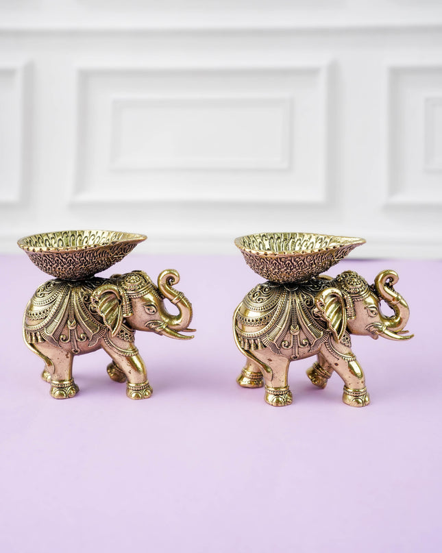 Brass Elephant with Diya - Set of 2 - WL6067