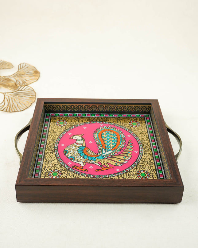 Tanjore Style Reverse Glass Painting Tray - Peacock - WL6075