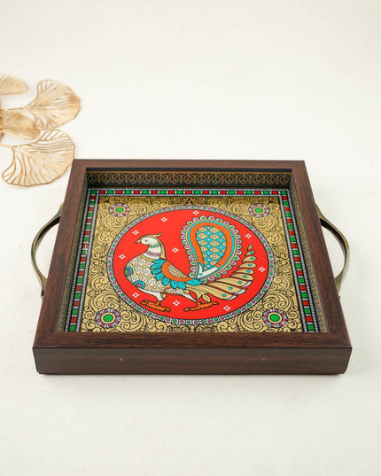 Tanjore Style Reverse Glass Painting Tray - Peacock - WL6075