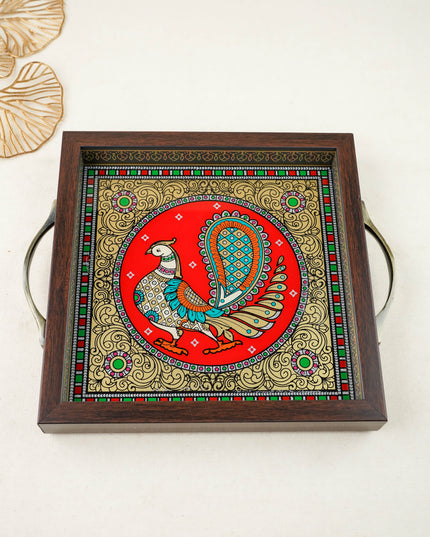 Tanjore Style Reverse Glass Painting Tray - Peacock - WL6075