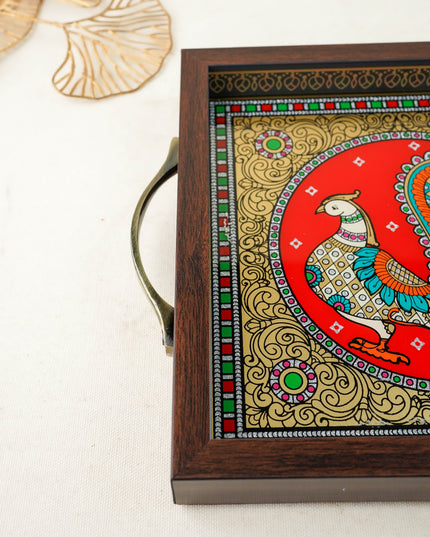 Tanjore Style Reverse Glass Painting Tray - Peacock - WL6075