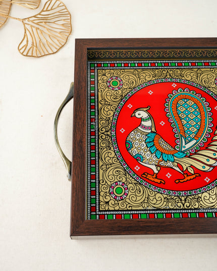 Tanjore Style Reverse Glass Painting Tray - Peacock - WL6075