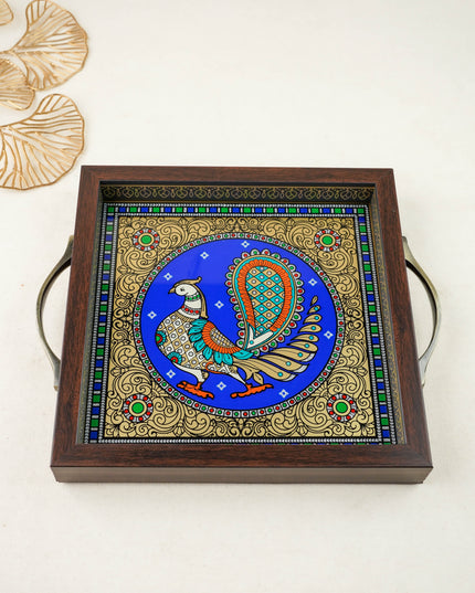 Tanjore Style Reverse Glass Painting Tray - Peacock - WL6075