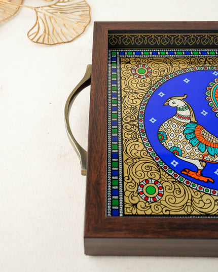 Tanjore Style Reverse Glass Painting Tray - Peacock - WL6075