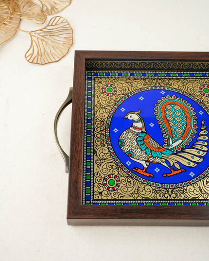 Tanjore Style Reverse Glass Painting Tray - Peacock - WL6075