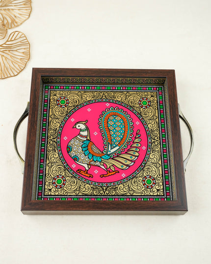 Tanjore Style Reverse Glass Painting Tray - Peacock - WL6075