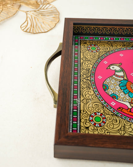 Tanjore Style Reverse Glass Painting Tray - Peacock - WL6075