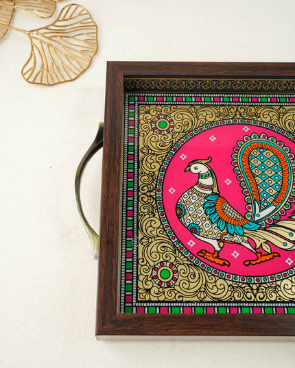 Tanjore Style Reverse Glass Painting Tray - Peacock - WL6075