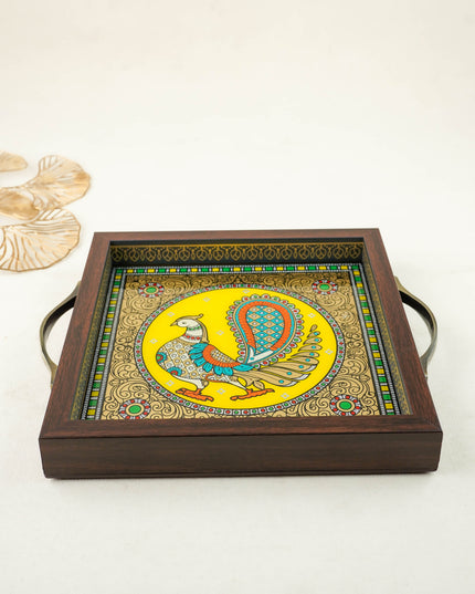 Tanjore Style Reverse Glass Painting Tray - Peacock - WL6075