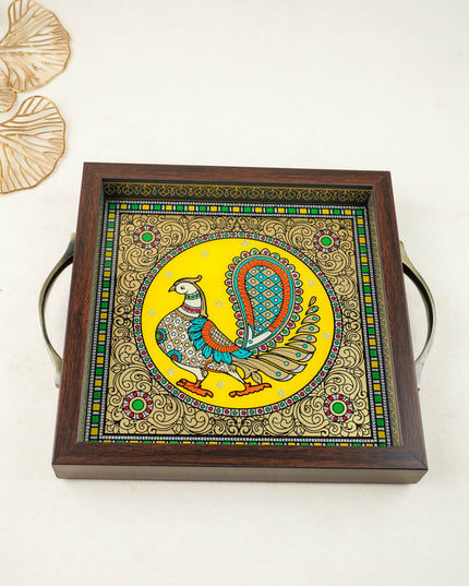 Tanjore Style Reverse Glass Painting Tray - Peacock - WL6075