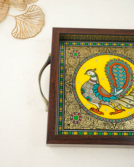 Tanjore Style Reverse Glass Painting Tray - Peacock - WL6075