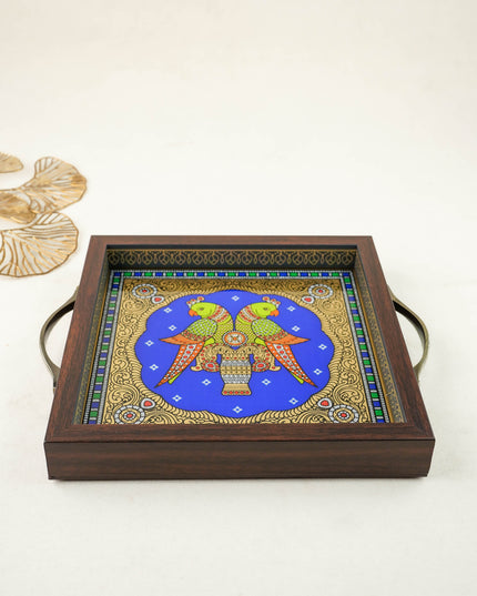 Tanjore Style Reverse Glass Painting Tray - Twin Parrot - WL6076