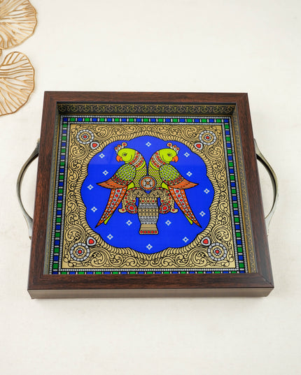 Tanjore Style Reverse Glass Painting Tray - Twin Parrot - WL6076