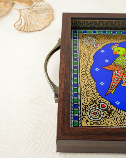 Tanjore Style Reverse Glass Painting Tray - Twin Parrot - WL6076