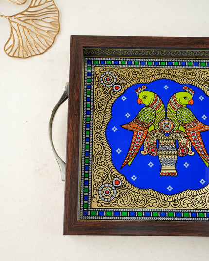 Tanjore Style Reverse Glass Painting Tray - Twin Parrot - WL6076