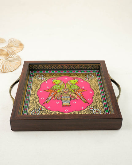 Tanjore Style Reverse Glass Painting Tray - Twin Parrot - WL6076