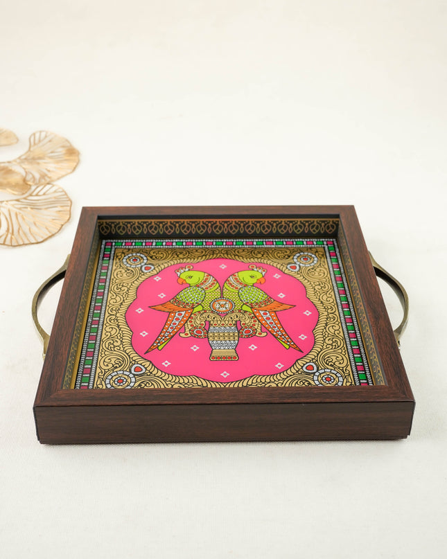Tanjore Style Reverse Glass Painting Tray - Twin Parrot - WL6076